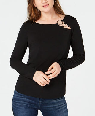 Blusa feminina com argola tripla, preta, tamanho pequeno, da INC International Concepts
