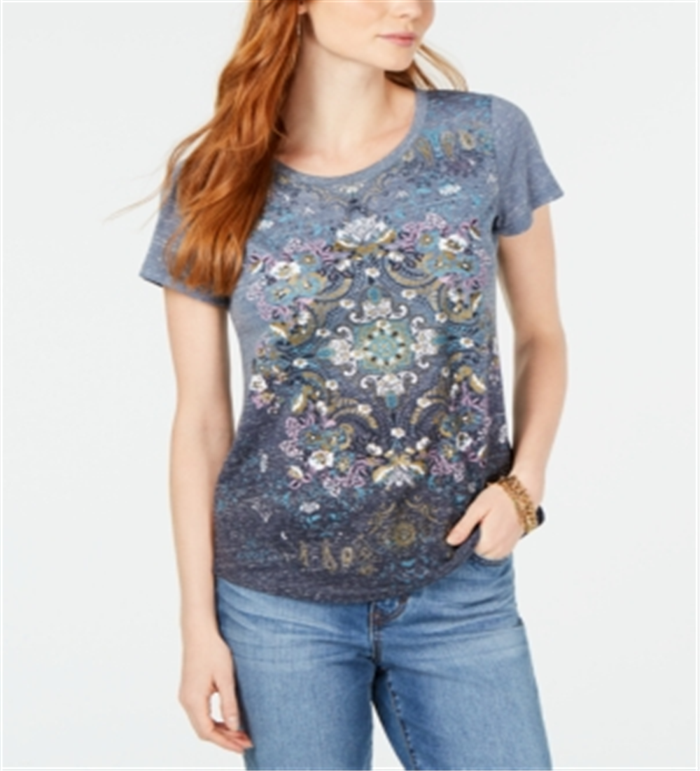 Camiseta feminina com bainha de lenço e detalhes embelezados, tamanho pequeno e cinza, da Style &amp; Co