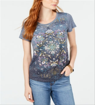 Style & Co Women's Embellished Handkerchief Hem T-Shirt Gray Size Petite Small