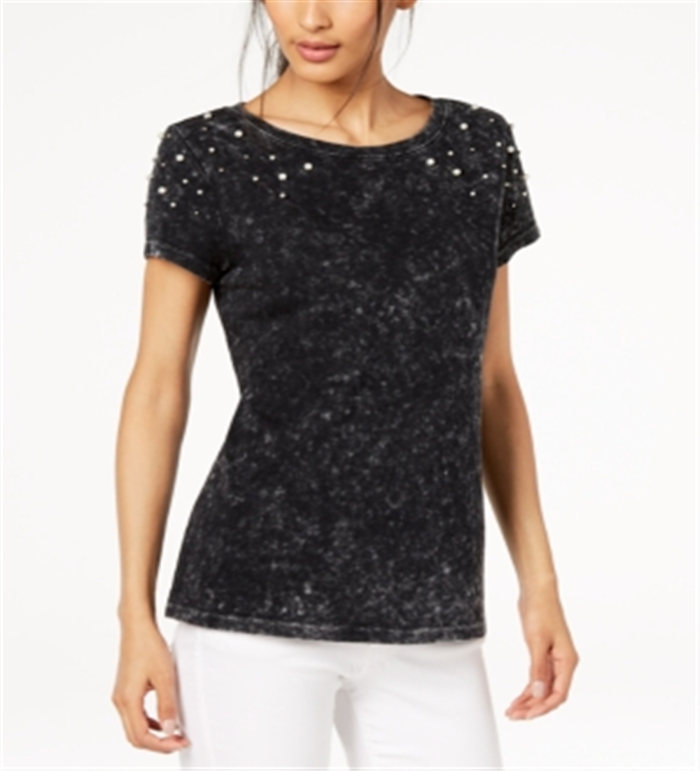 Camiseta feminina de algodão com detalhes em pérolas sintéticas da INC International Concepts, preta, tamanho pequeno