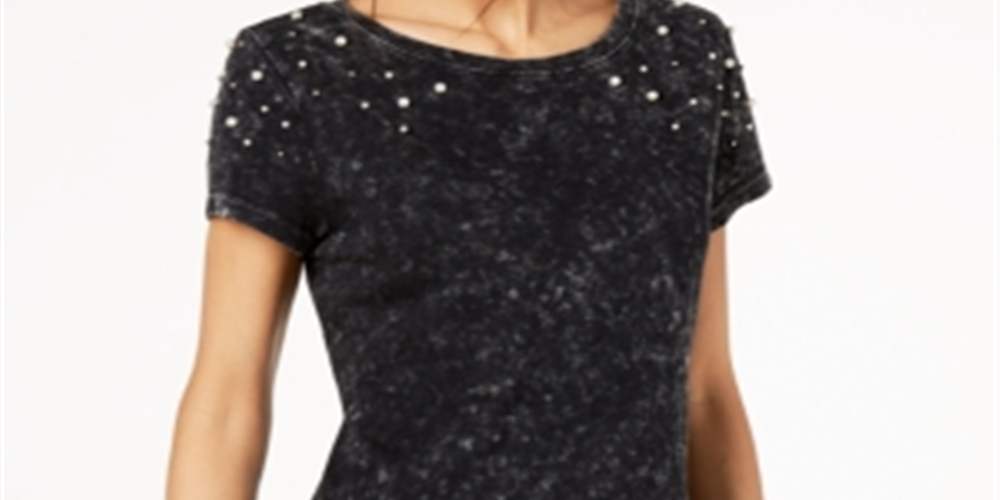 Camiseta feminina de algodão com detalhes em pérolas sintéticas da INC International Concepts, preta, tamanho pequeno