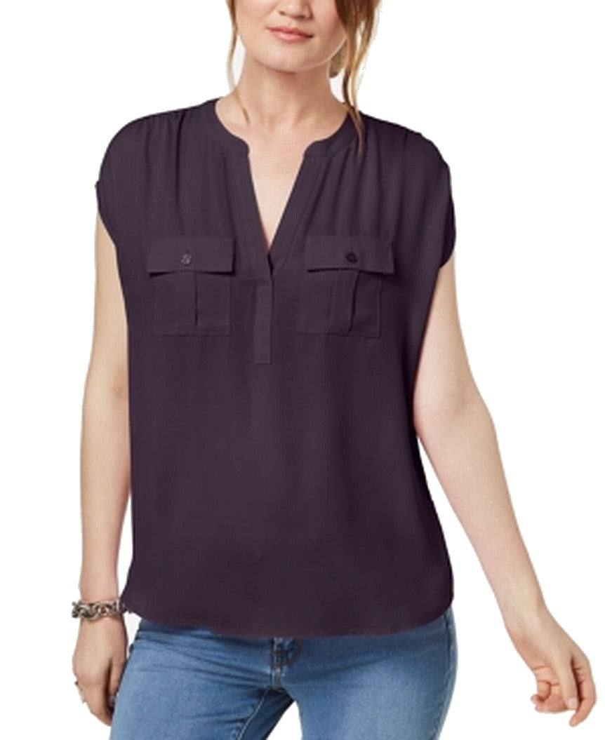 Camisa utilitária feminina com decote dividido e manga curta, roxa, tamanho XX-G, da INC International Concepts