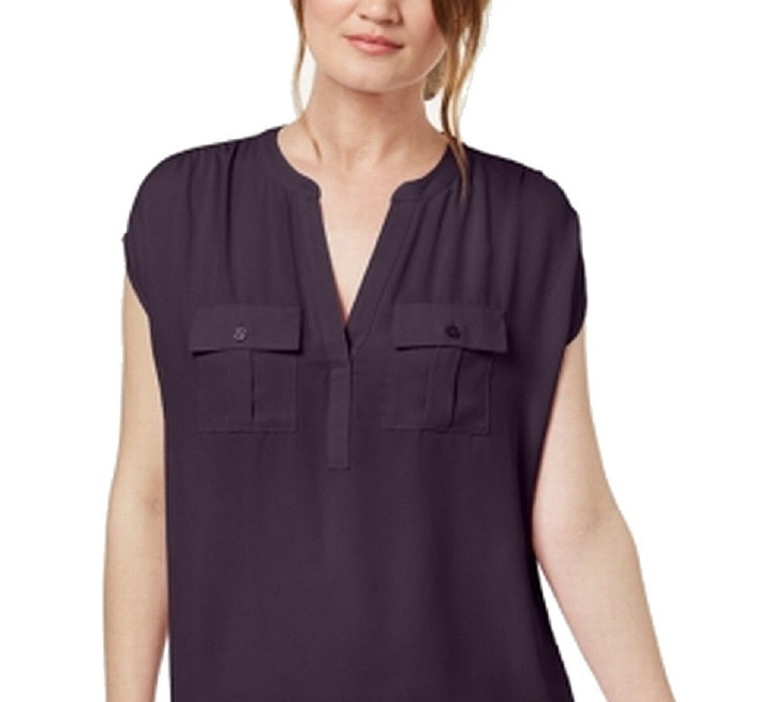 Camisa utilitária feminina com decote dividido e manga curta, roxa, tamanho XX-G, da INC International Concepts