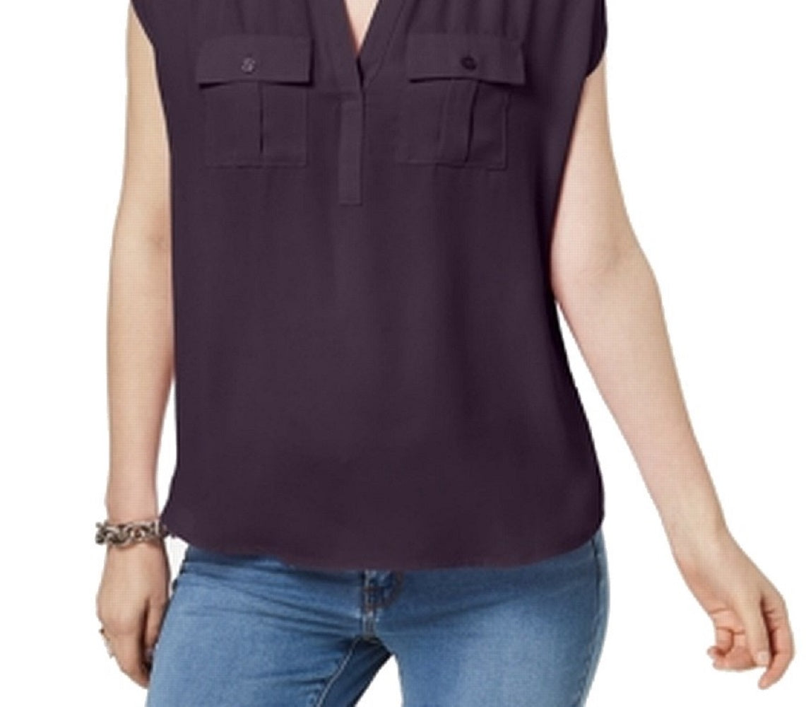 Camisa utilitária feminina com decote dividido e manga curta, roxa, tamanho XX-G, da INC International Concepts