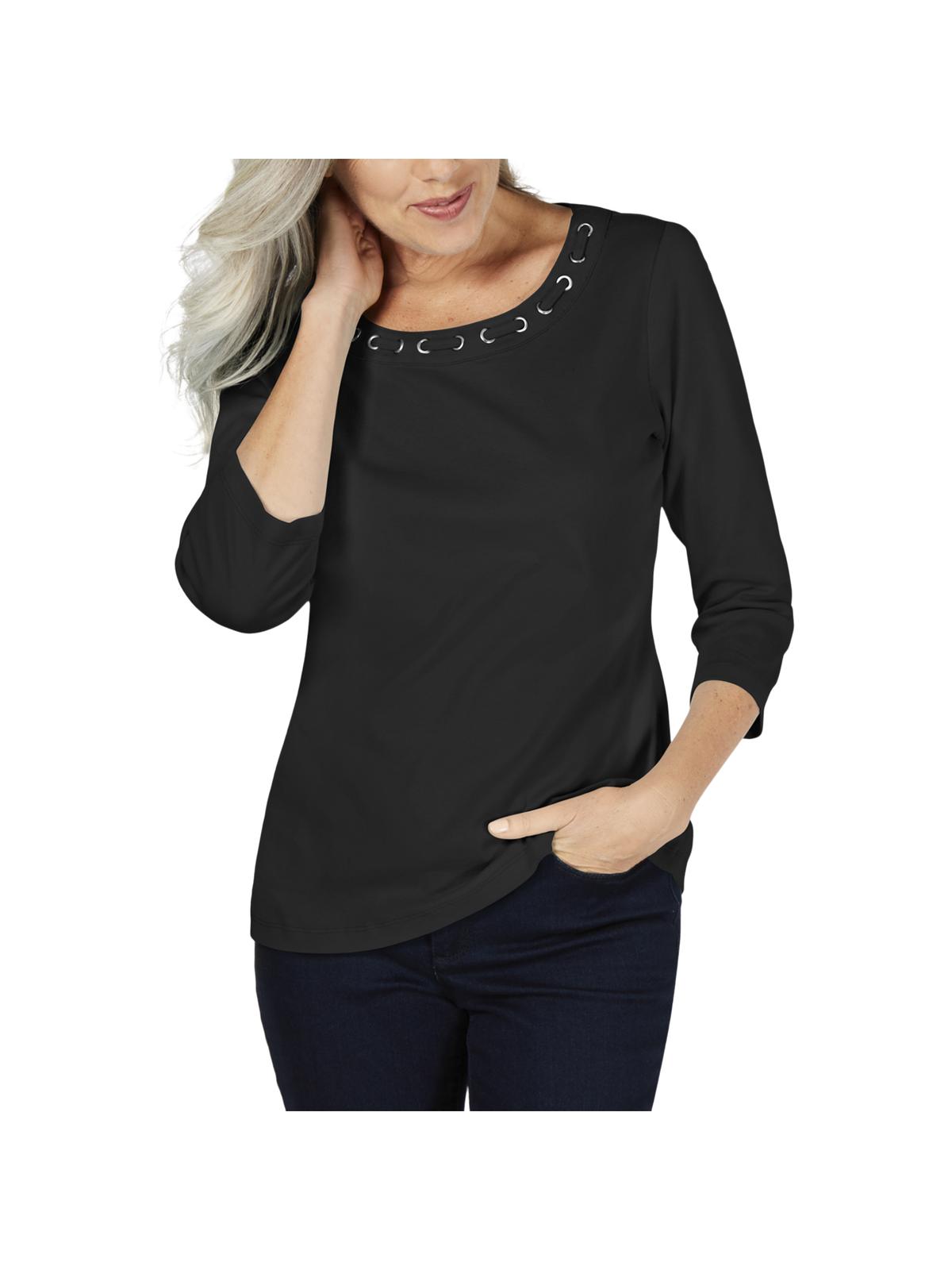 Karen Scott Blusa feminina de algodão com renda e gola alta, preta, tamanho pequeno