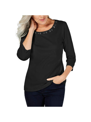 Karen Scott Blusa feminina de algodão com renda e gola alta, preta, tamanho pequeno