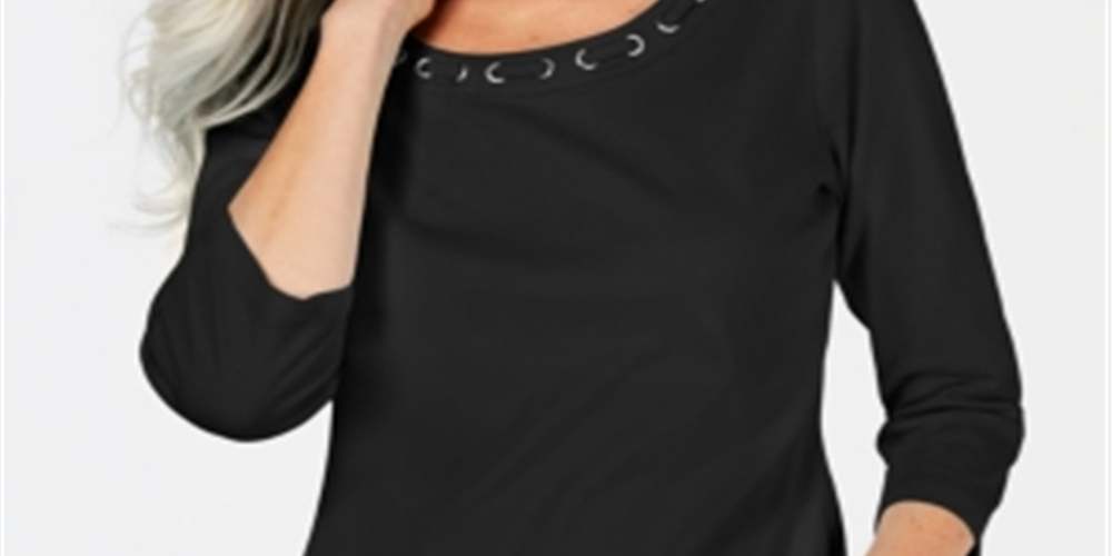 Karen Scott Blusa feminina de algodão com renda e gola alta, preta, tamanho pequeno