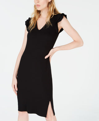 Bar III Women's Ribbed Ruffle Shoulder Sheath Dress Black Size Large
