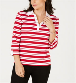 Karen Scott Blusa feminina listrada com decote dividido e acabamento em ilhós, vermelha, tamanho grande