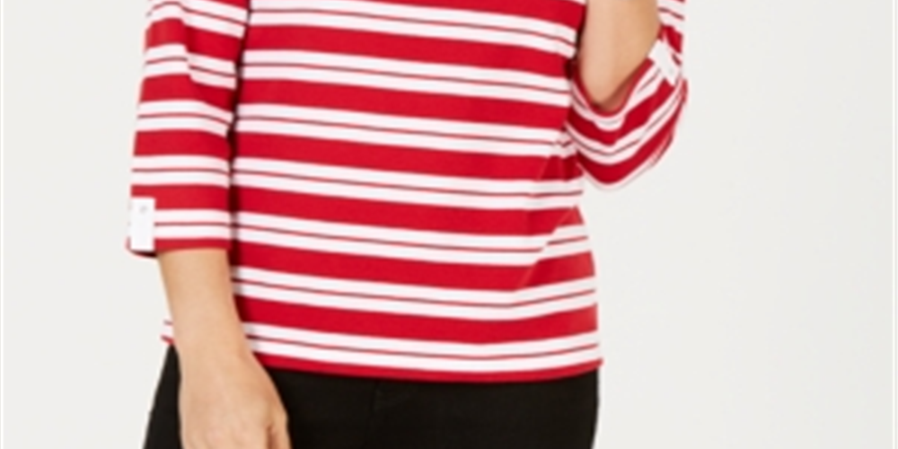 Karen Scott Blusa feminina listrada com decote dividido e acabamento em ilhós, vermelha, tamanho grande