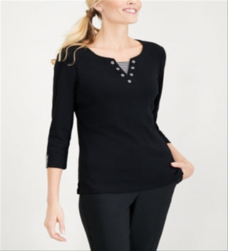Karen Scott Top Feminino de Algodão com Ilhós e Gola Alta, Preto, Tamanho Médio
