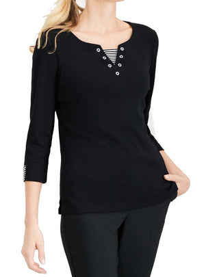 Karen Scott Blusa Feminina de Malha com Manga 3/4 e Gola Dividida, Preta, Tamanho Grande