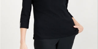 Karen Scott Blusa Feminina de Malha com Manga 3/4 e Gola Dividida, Preta, Tamanho Grande