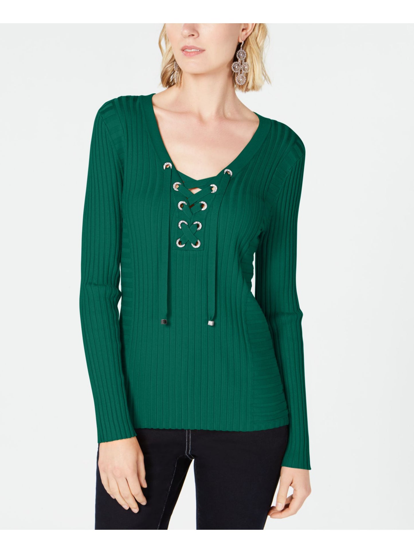 Suéter feminino com ilhós e strass canelados da INC International Concepts, tamanho médio, verde