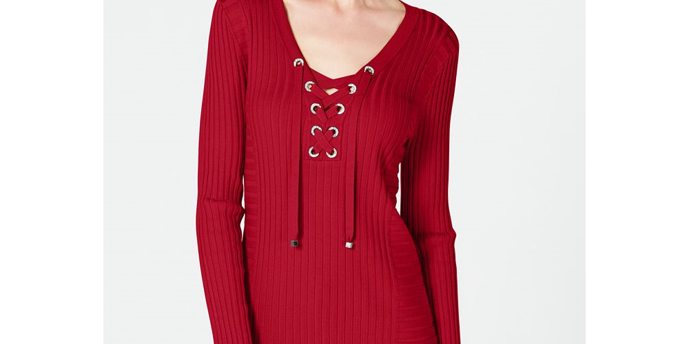 Suéter feminino Inc International Concepts com estampa de buraco de fechadura e manga comprida, vermelho, tamanho XS