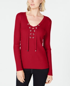 Suéter feminino Inc International Concepts com estampa de buraco de fechadura e manga comprida, vermelho, tamanho XS