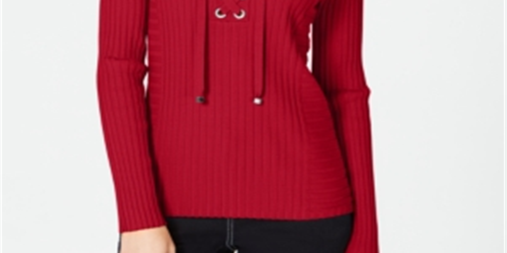 INC International Concepts Suéter feminino com nervuras e strass, manga comprida, gola V, vermelho, tamanho pequeno