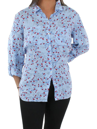 Camisa feminina de linho floral com botões Charter Club, azul, tamanho grande