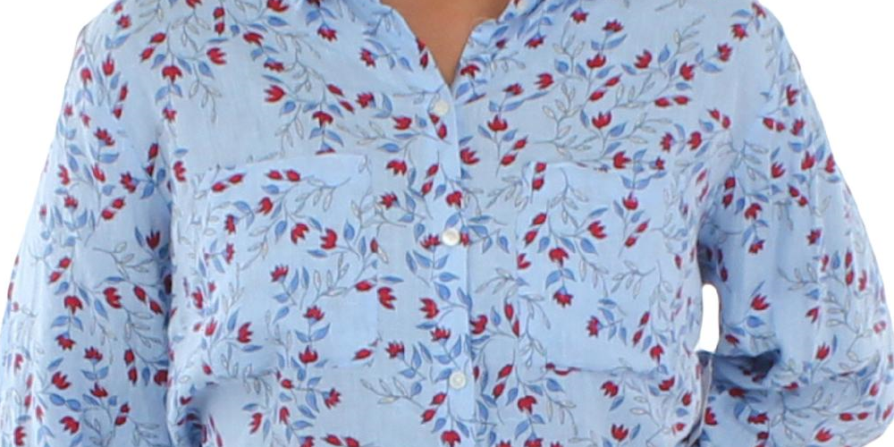 Camisa feminina de linho floral com botões Charter Club, azul, tamanho grande