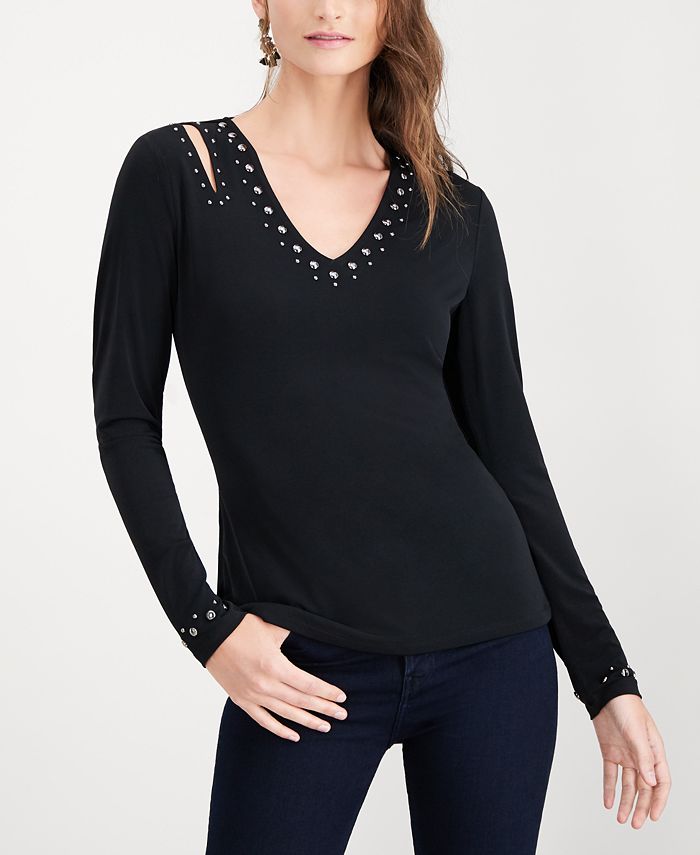 Blusa feminina de manga comprida com decote em V e detalhes embelezados, preta, tamanho XX-G, da INC International Concepts