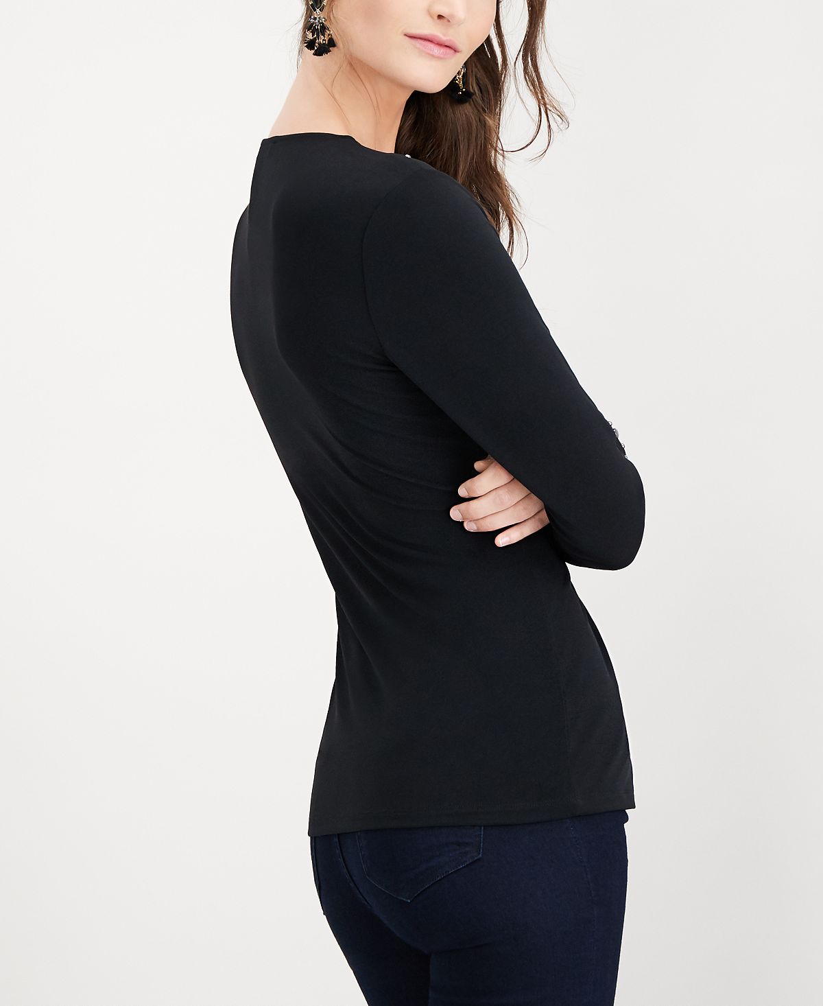 Blusa feminina de manga comprida com decote em V e detalhes embelezados, preta, tamanho XX-G, da INC International Concepts