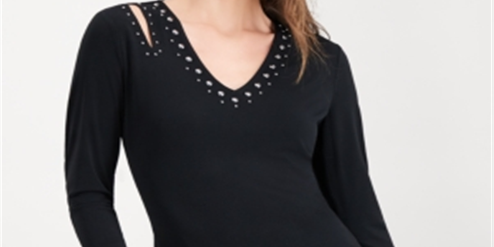Blusa feminina de manga comprida com decote em V e detalhes embelezados, preta, tamanho XX-G, da INC International Concepts