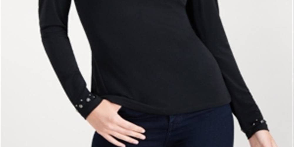 Blusa feminina de manga comprida com decote em V e detalhes embelezados, preta, tamanho XX-G, da INC International Concepts