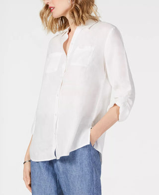 Charter Club Women's Linen Button Front Shirt White Size Petite X-Large
