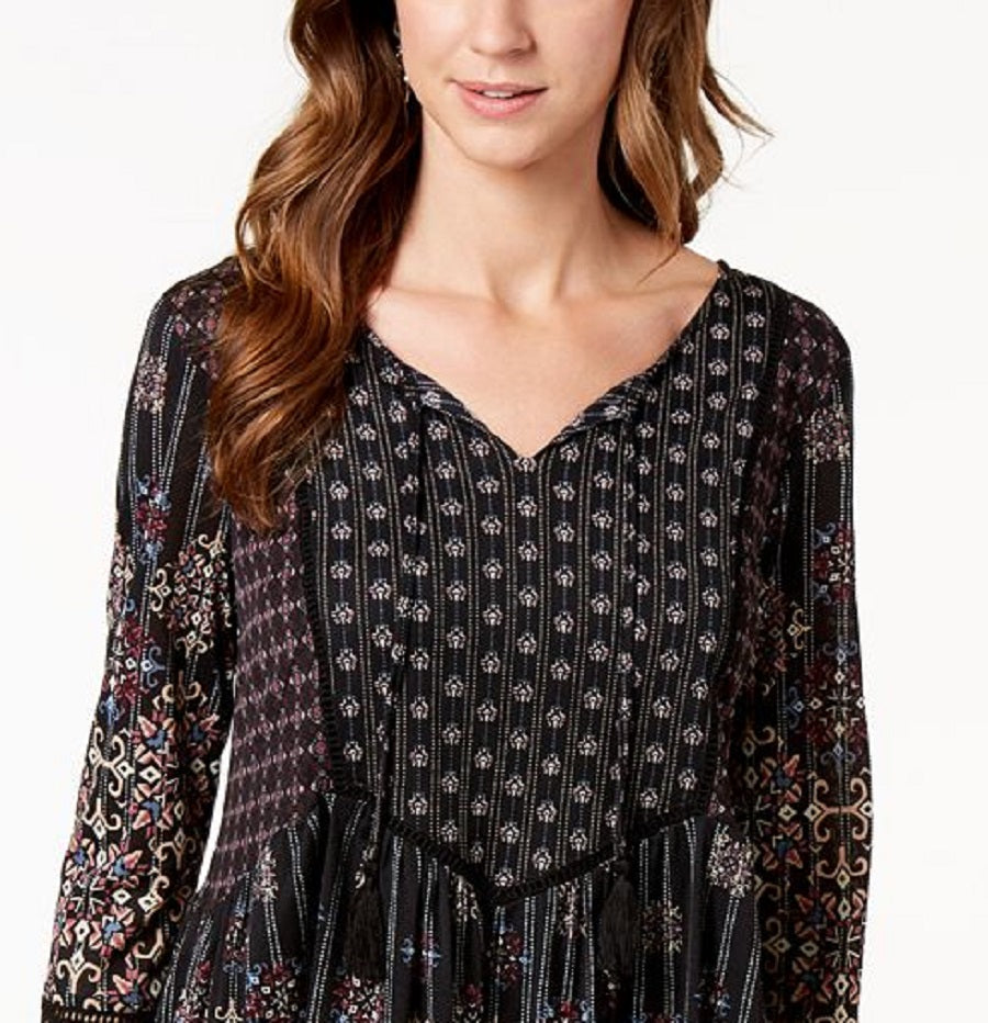 Top feminino estampado estilo camponês preto tamanho pequeno