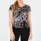 Camiseta feminina Alfani estampada com bainha redonda, preta, tamanho pequeno grande
