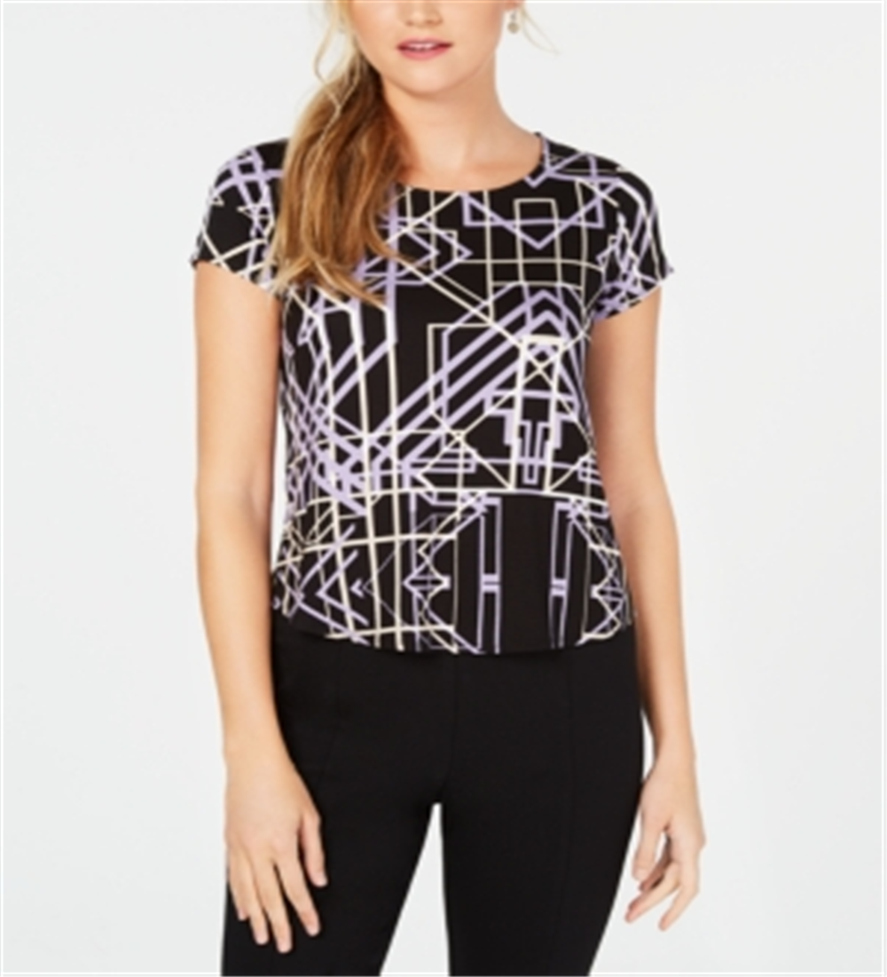 Camiseta feminina Alfani estampada com bainha redonda, preta, tamanho pequeno grande