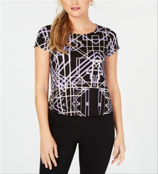 Camiseta feminina Alfani estampada com bainha redonda, preta, tamanho pequeno grande