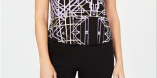 Camiseta feminina Alfani estampada com bainha redonda, preta, tamanho pequeno grande