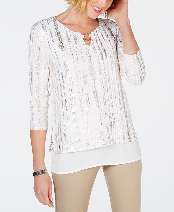 JM Collection Blusa feminina bordada franzida, tamanho pequeno, branca