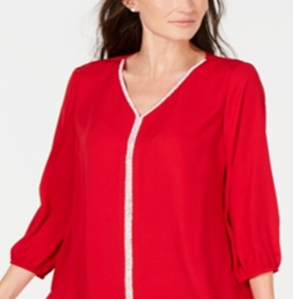 Blusa feminina com bainha em camadas e joias da coleção JM, vermelha, tamanho grande