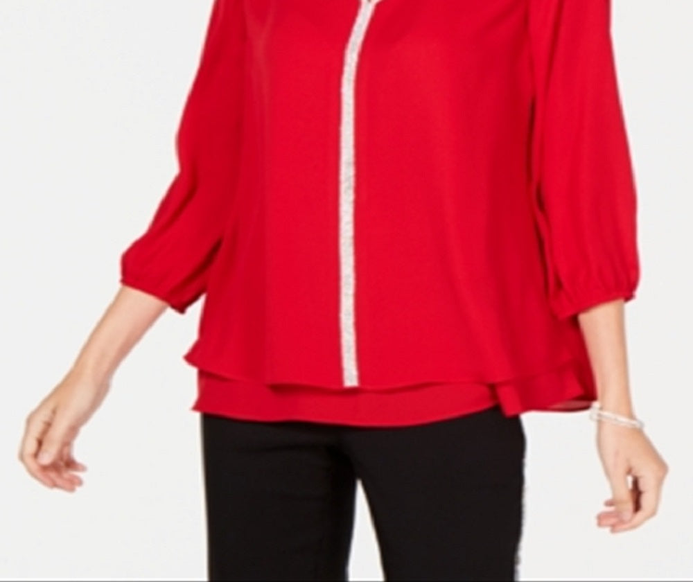 Blusa feminina com bainha em camadas e joias da coleção JM, vermelha, tamanho grande