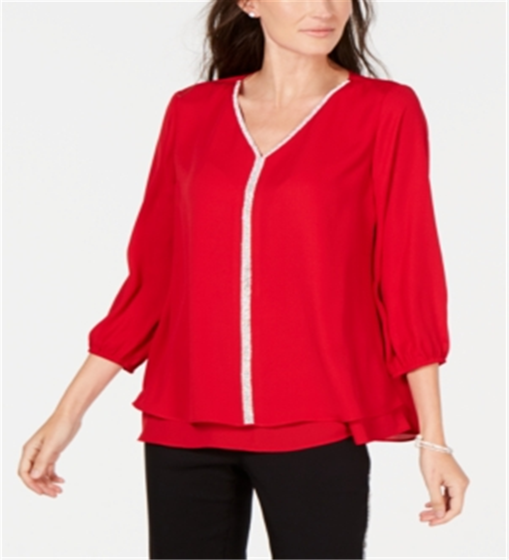 Blusa feminina com bainha em camadas e joias da coleção JM, vermelha, tamanho grande