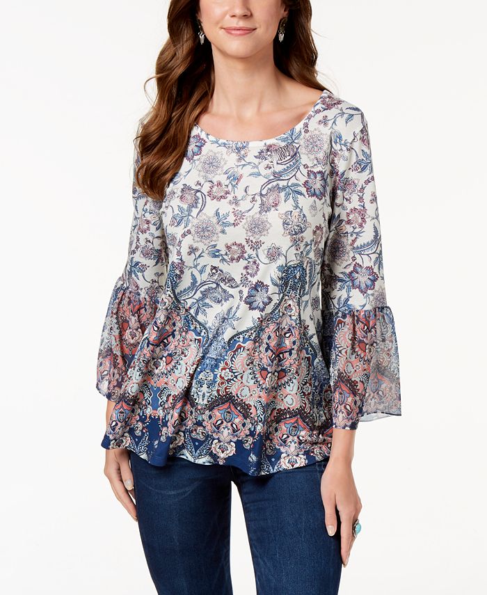 Blusa feminina estampada com manga flare, tamanho X-S