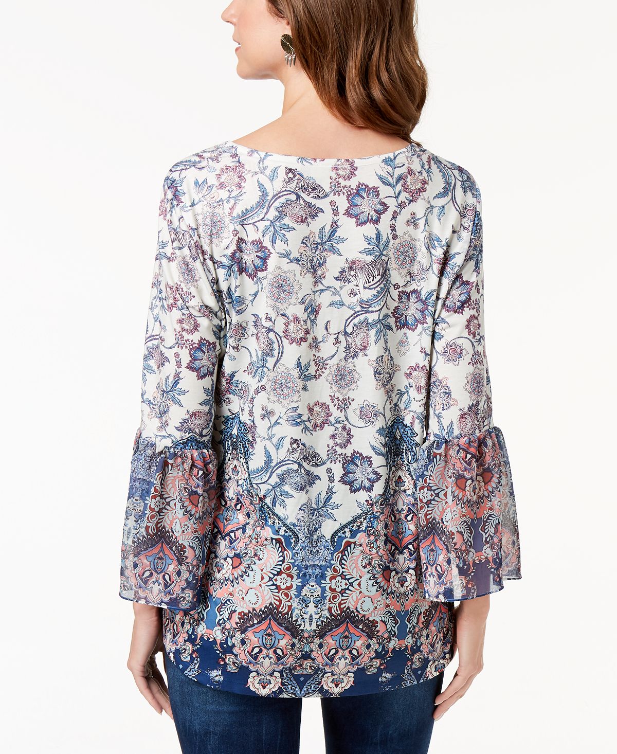 Blusa feminina estampada com manga flare, tamanho X-S