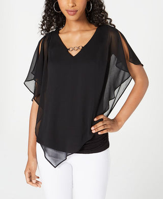BCX Junior's Solid 3/4 Sleeve Chiffon Blouse Black Size Medium