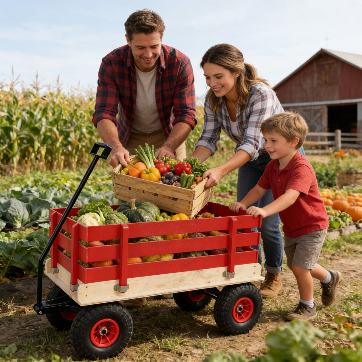Children's and Garden Wooden Carriage with All-Terrain Inflatable Wheels