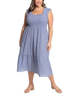 London Times Women's Gingham Smocked Top Midi Dress Blue Size 3X
