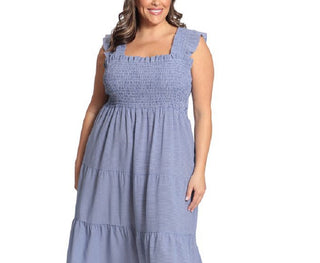 Vestido midi com babados xadrez feminino London Times, azul, tamanho 3X