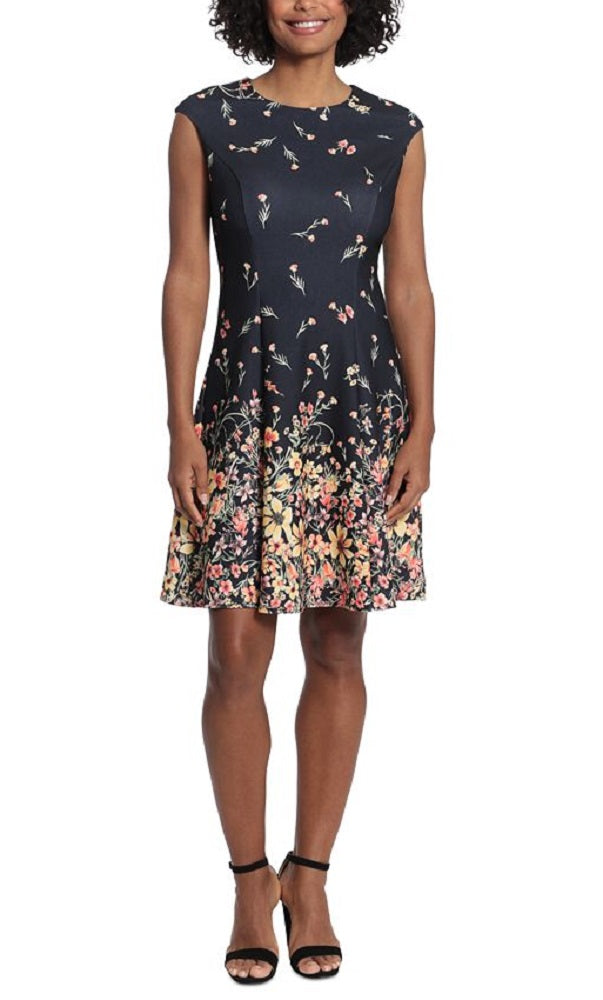 Vestido feminino estampado London Times, justo e evasê, preto, tamanho 12, pequeno