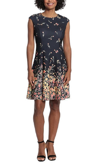 Vestido feminino estampado London Times, justo e evasê, preto, tamanho 12, pequeno