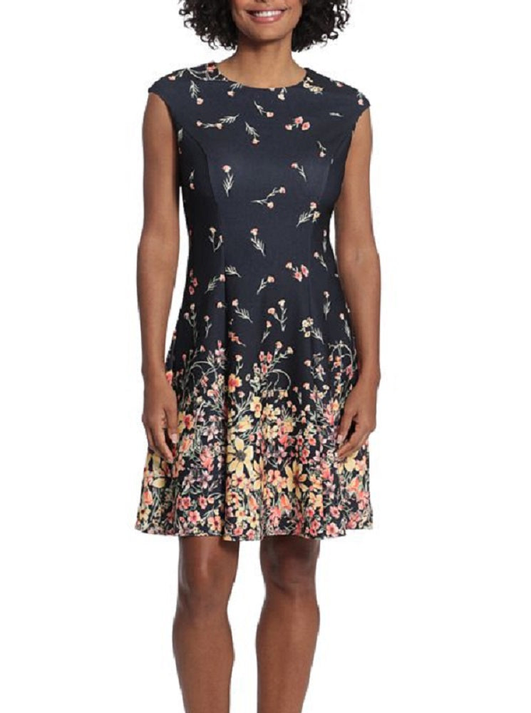 Vestido feminino estampado London Times, justo e evasê, preto, tamanho 12, pequeno