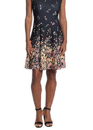 Vestido feminino estampado London Times, justo e evasê, preto, tamanho 12, pequeno
