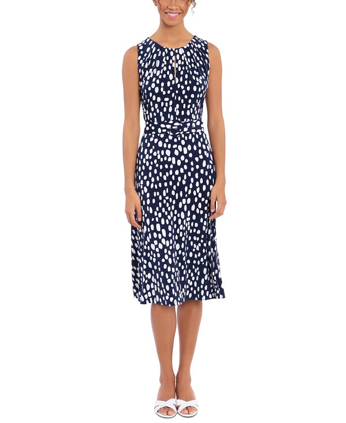 Vestido feminino com cinto e decote plissado London Times, azul, tamanho 10, pequeno