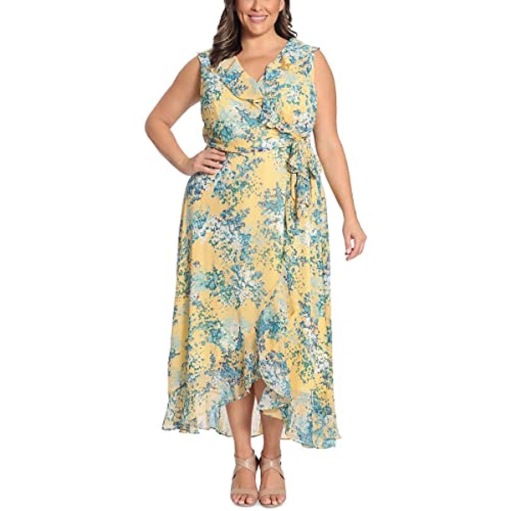 Vestido midi floral com babados, amarelo, tamanho 16, da London Times