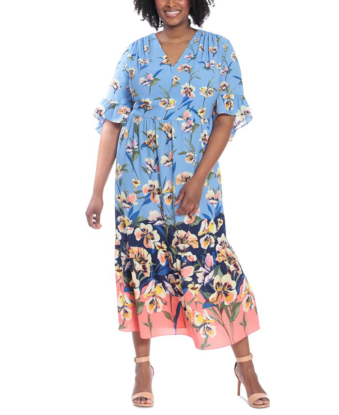 Vestido longo feminino com estampa floral London Times, azul, tamanho 14W